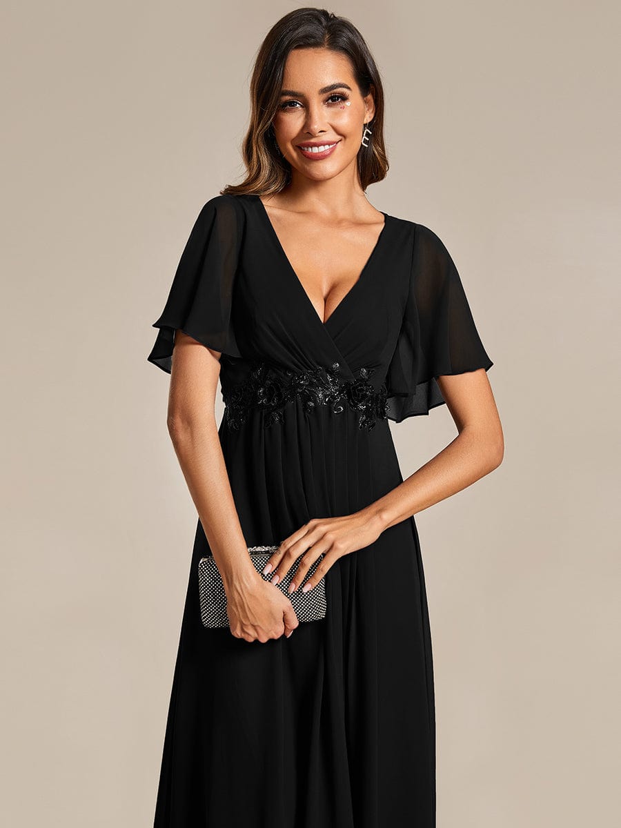 Tea-Length V-Neck Wedding Guest Dress with Floral Details