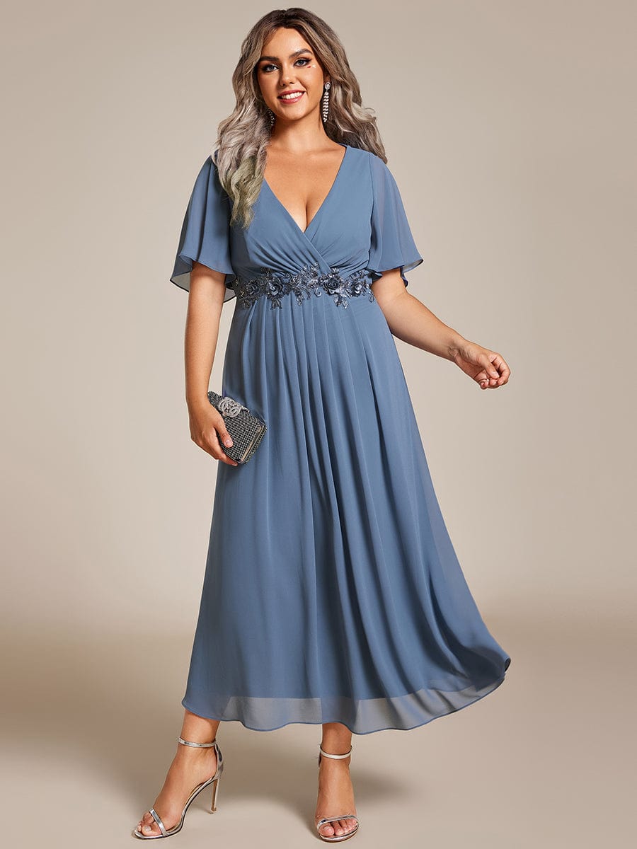 Floral Applique Plus Size V-Neck Short Sleeves Wedding Guest Dress