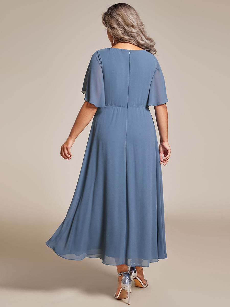 Tea-Length V-Neck Wedding Guest Dress with Floral Details