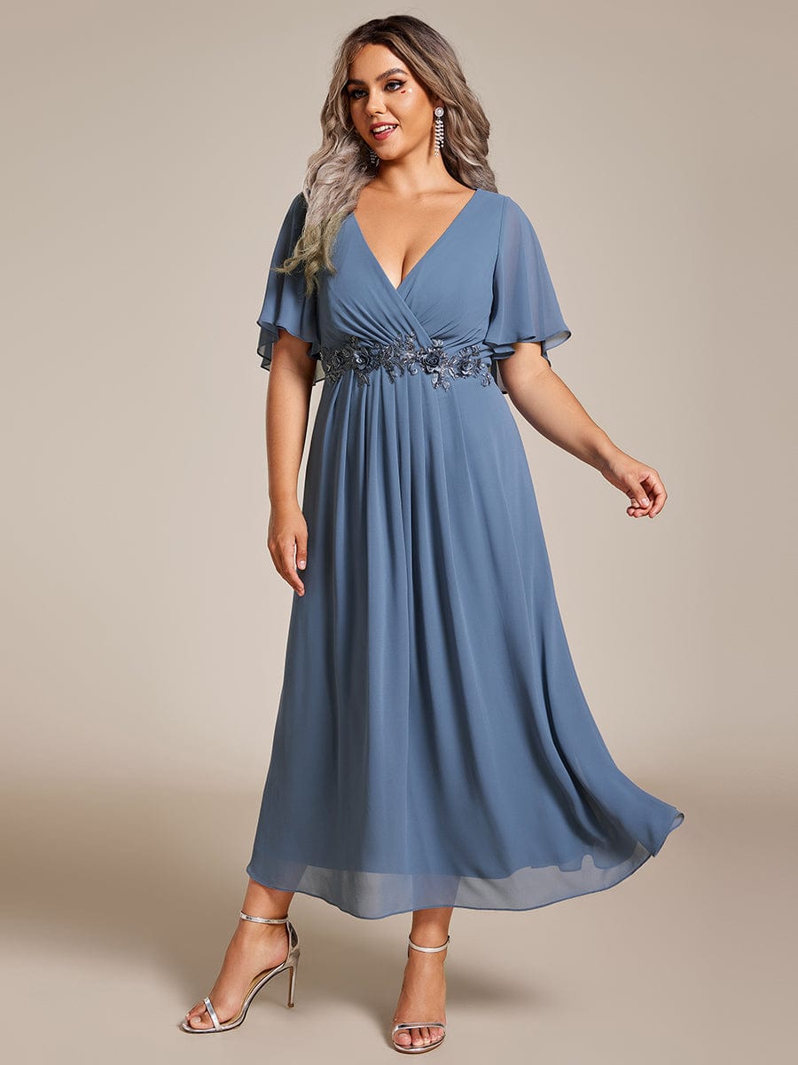 Floral Applique Plus Size V-Neck Short Sleeves Wedding Guest Dress