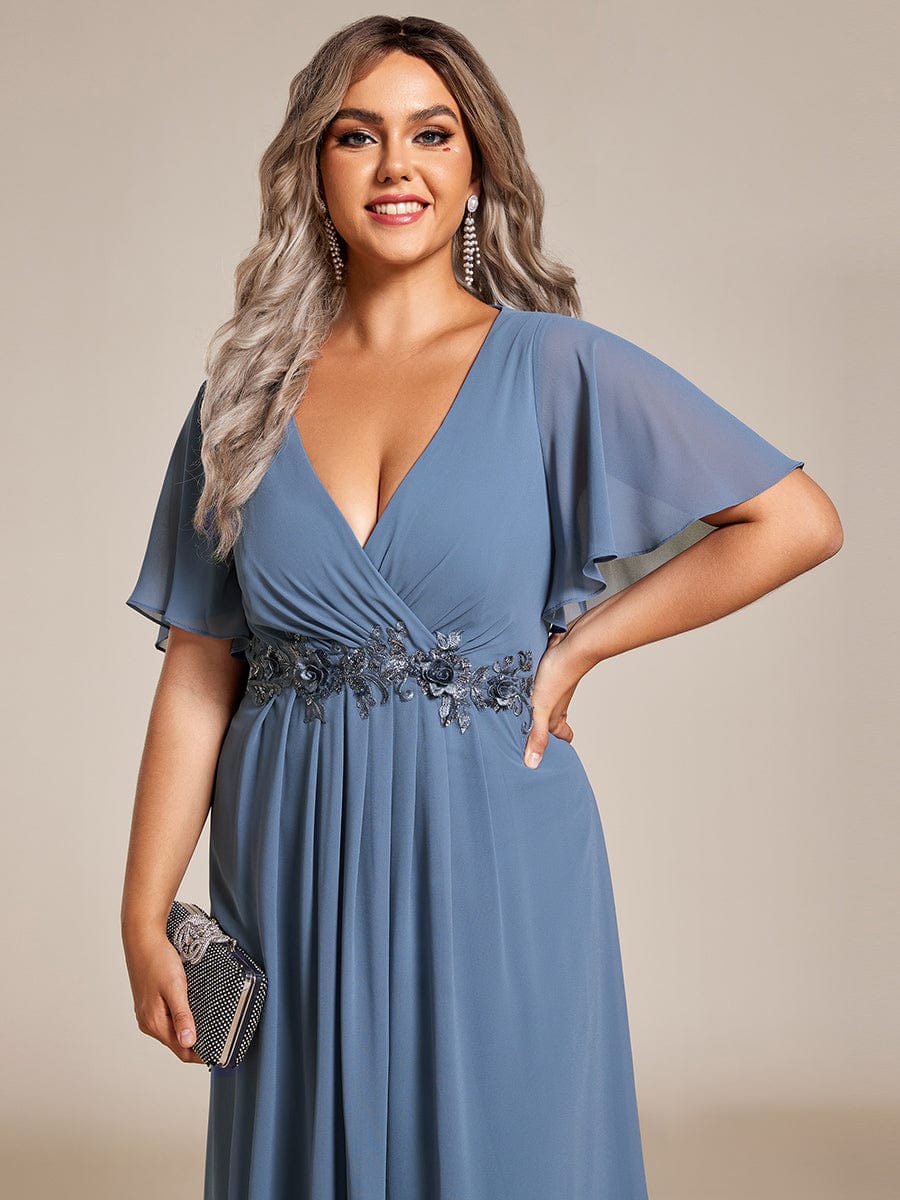 Tea-Length V-Neck Wedding Guest Dress with Floral Details