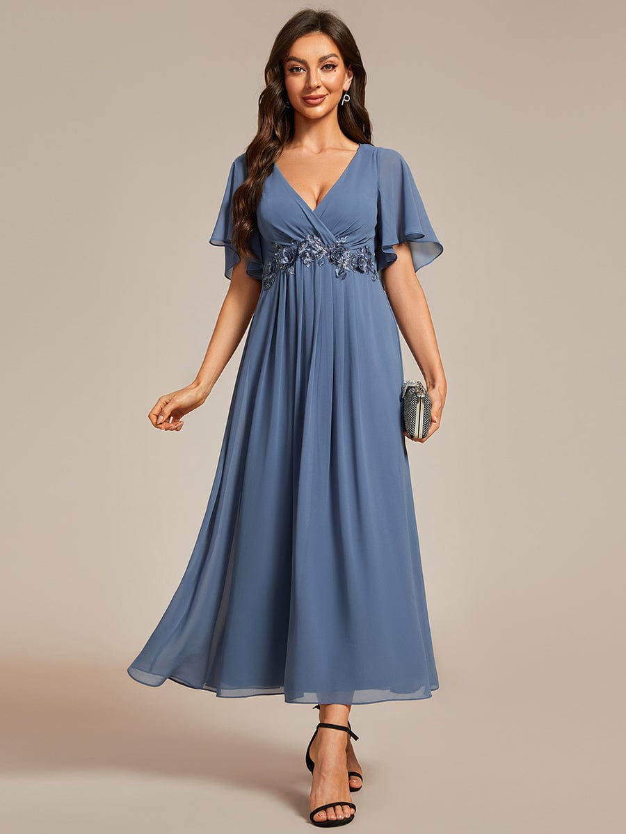 Tea-Length V-Neck Wedding Guest Dress with Floral Details