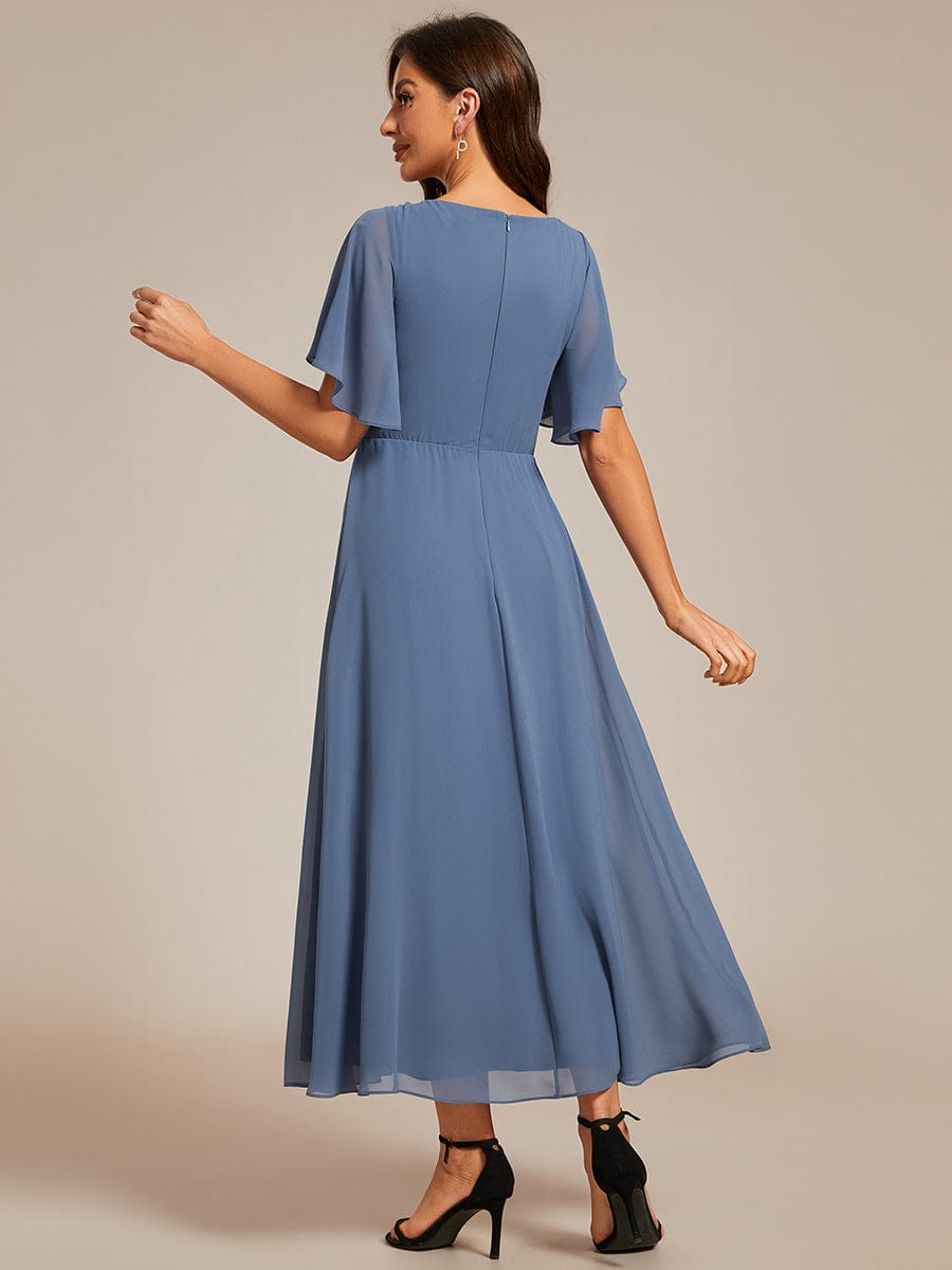 Tea-Length V-Neck Wedding Guest Dress with Floral Details