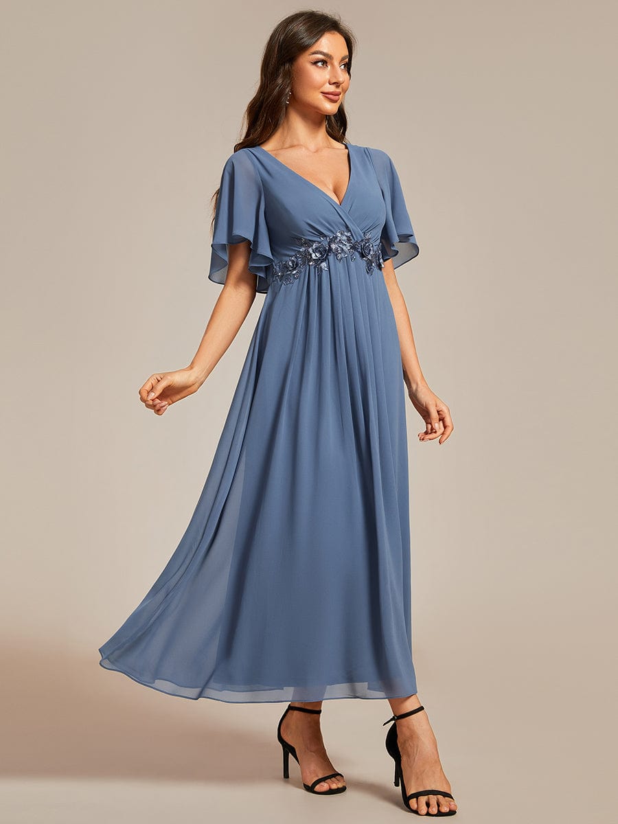 Tea-Length V-Neck Wedding Guest Dress with Floral Details