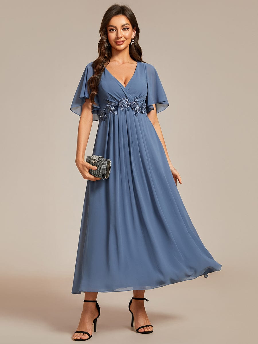 Tea-Length V-Neck Wedding Guest Dress with Floral Details