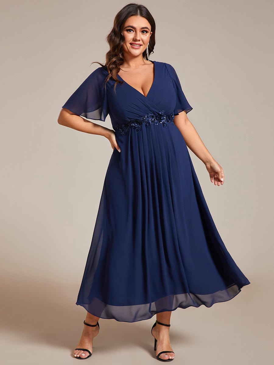 Tea-Length V-Neck Wedding Guest Dress with Floral Details