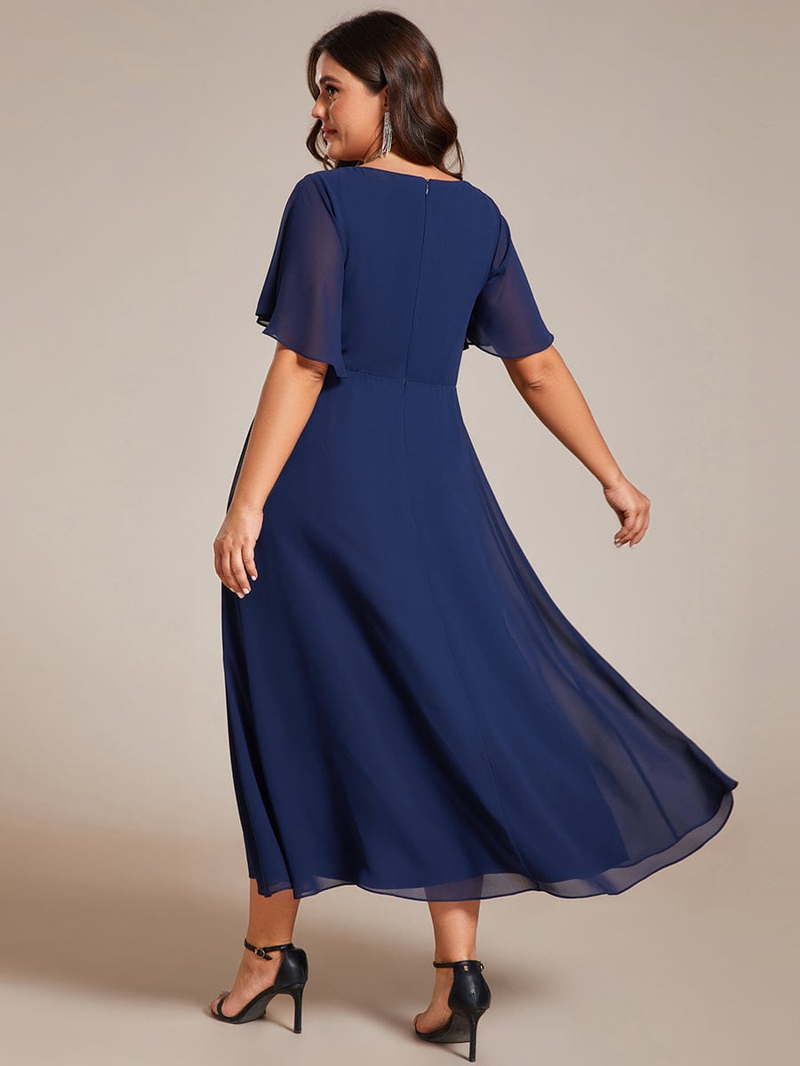 Tea-Length V-Neck Wedding Guest Dress with Floral Details