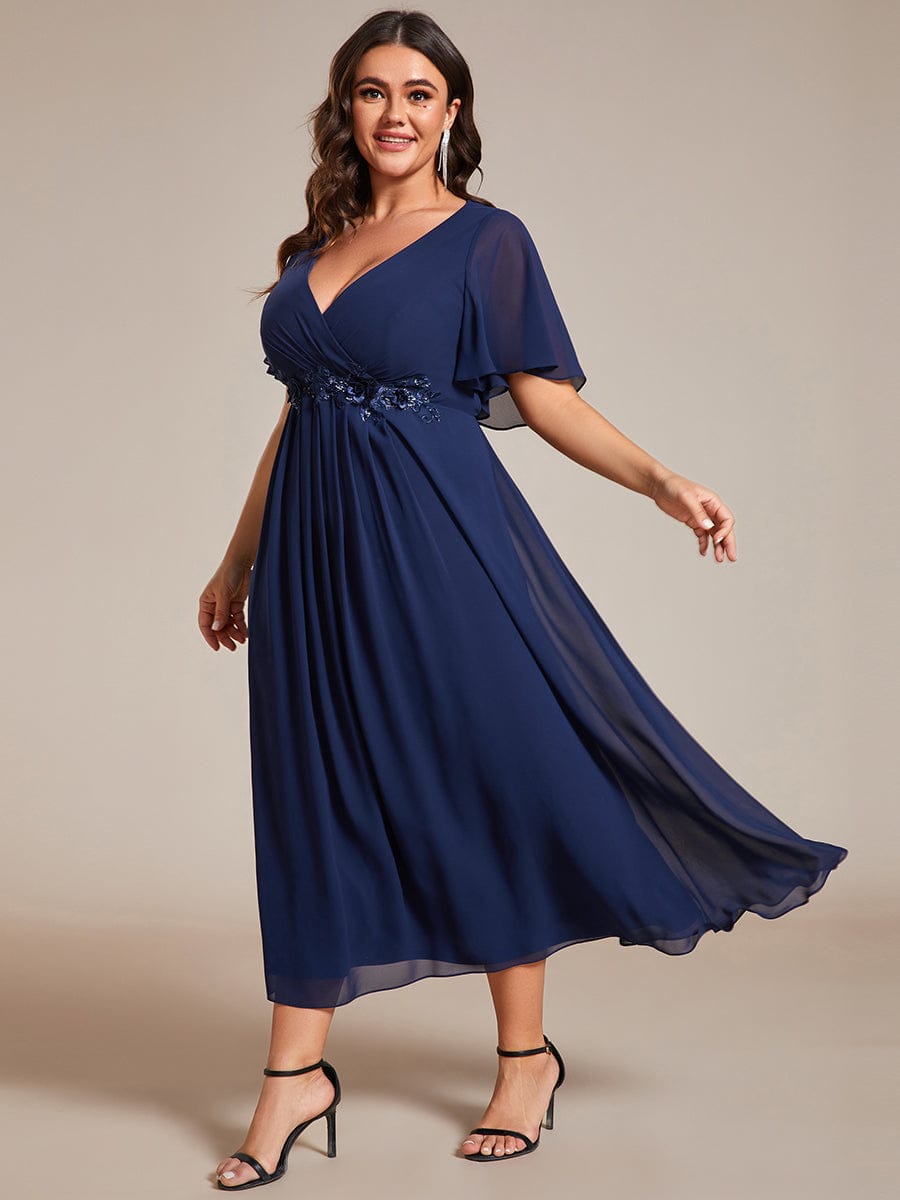 Floral Applique Plus Size V-Neck Short Sleeves Wedding Guest Dress