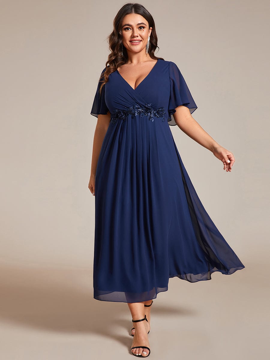 Floral Applique Plus Size V-Neck Short Sleeves Wedding Guest Dress