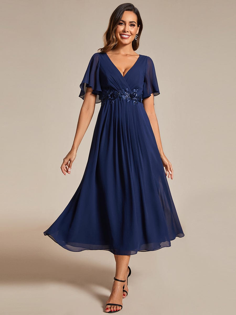 Tea-Length V-Neck Wedding Guest Dress with Floral Details
