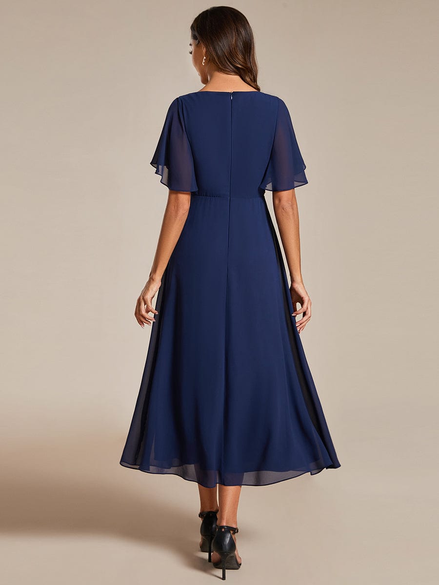 Tea-Length V-Neck Wedding Guest Dress with Floral Details