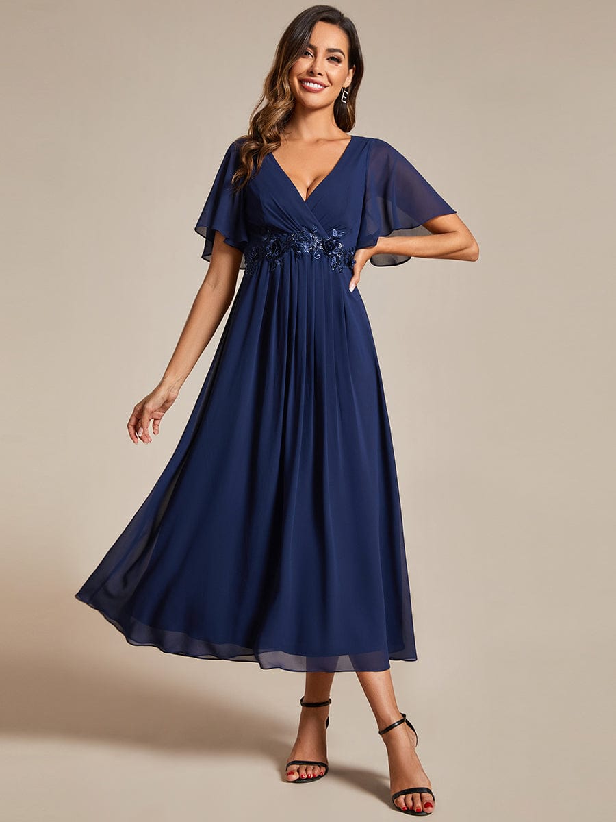 Tea-Length V-Neck Wedding Guest Dress with Floral Details