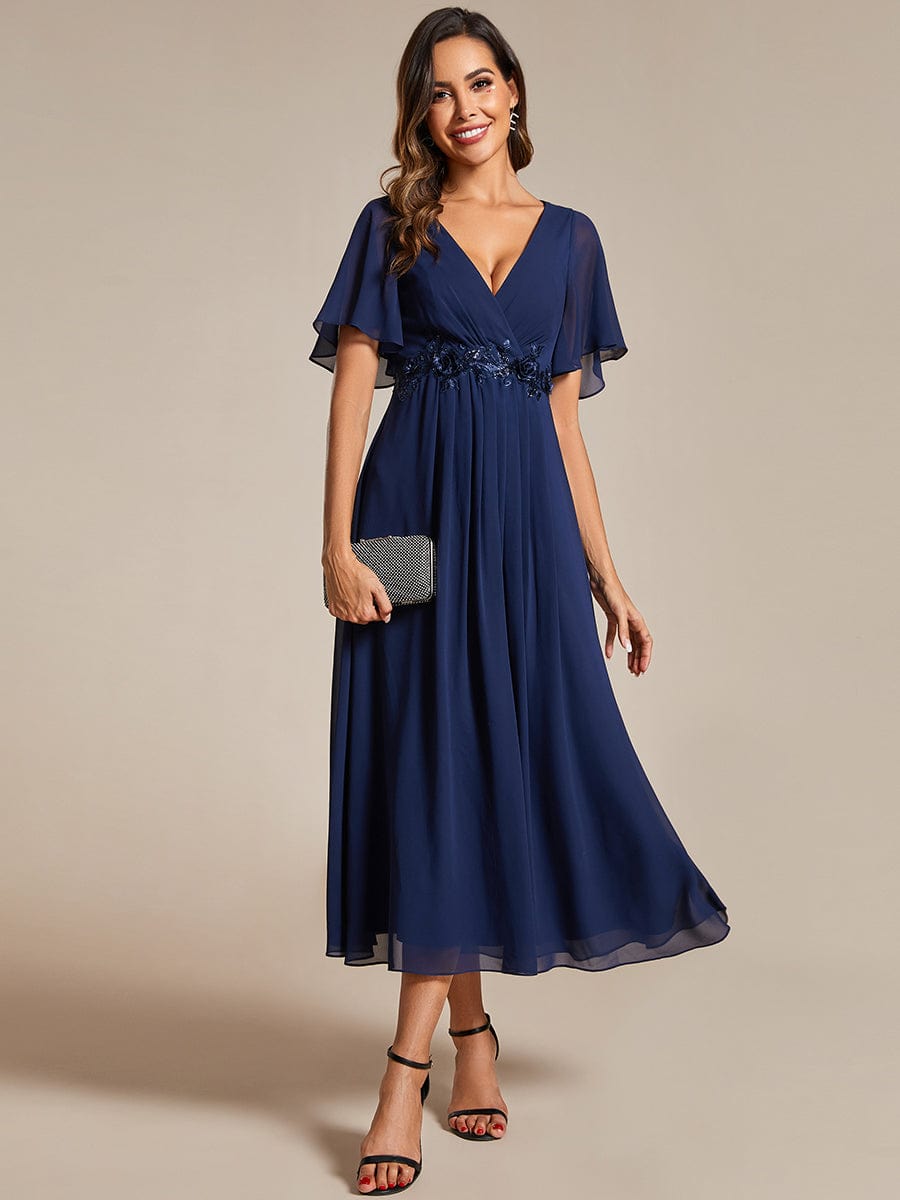 Tea-Length V-Neck Wedding Guest Dress with Floral Details