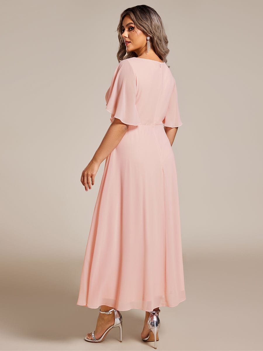 Floral Applique Plus Size V-Neck Short Sleeves Wedding Guest Dress