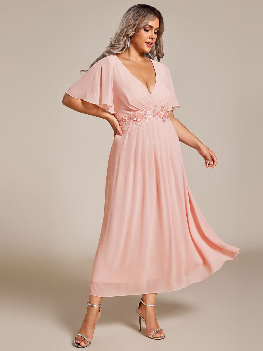 Floral Applique Plus Size V-Neck Short Sleeves Wedding Guest Dress