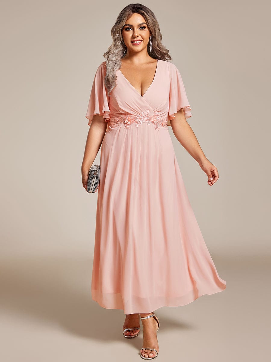 Floral Applique Plus Size V-Neck Short Sleeves Wedding Guest Dress