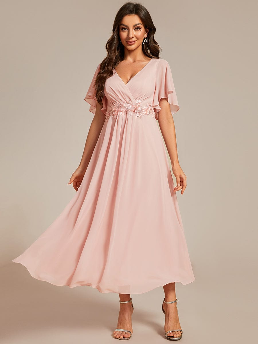 Tea-Length V-Neck Wedding Guest Dress with Floral Details