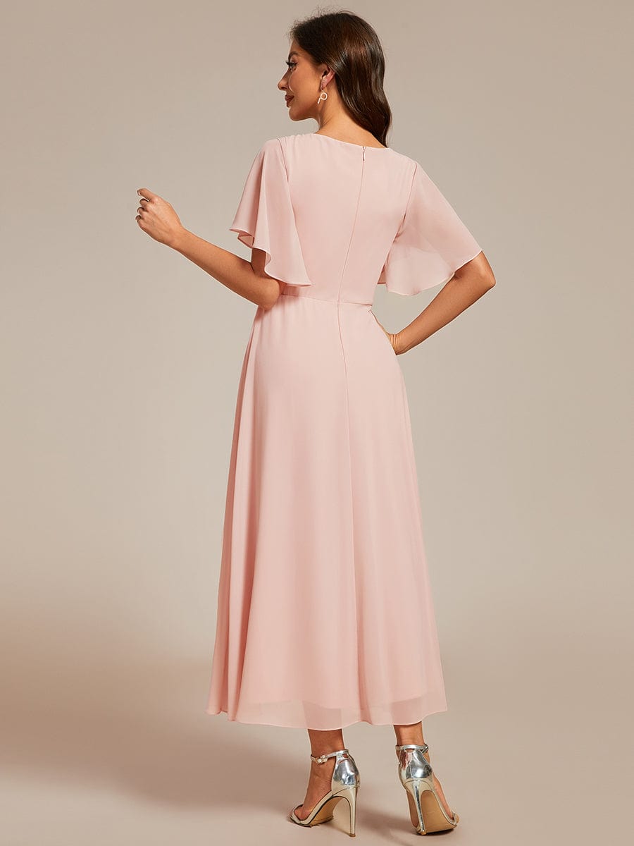 Tea-Length V-Neck Wedding Guest Dress with Floral Details