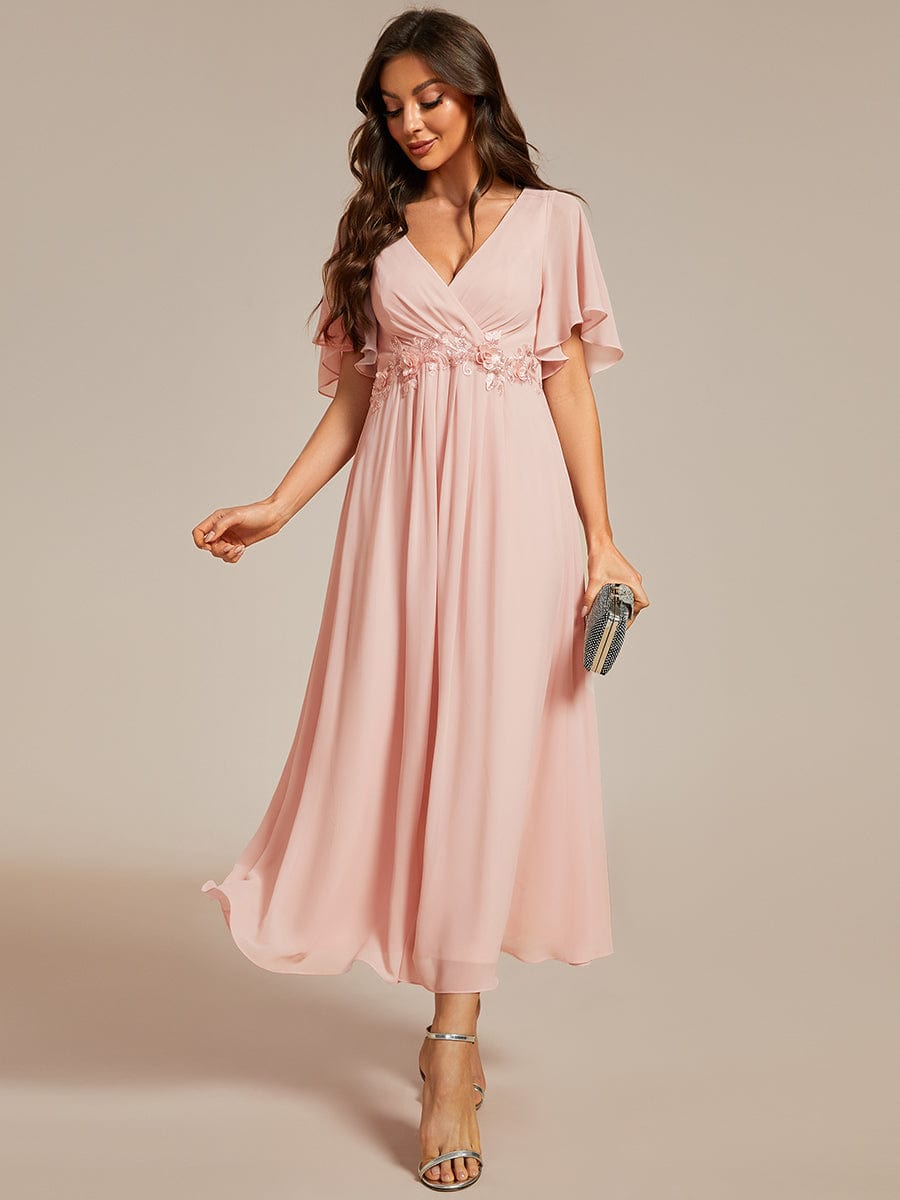 Tea-Length V-Neck Wedding Guest Dress with Floral Details