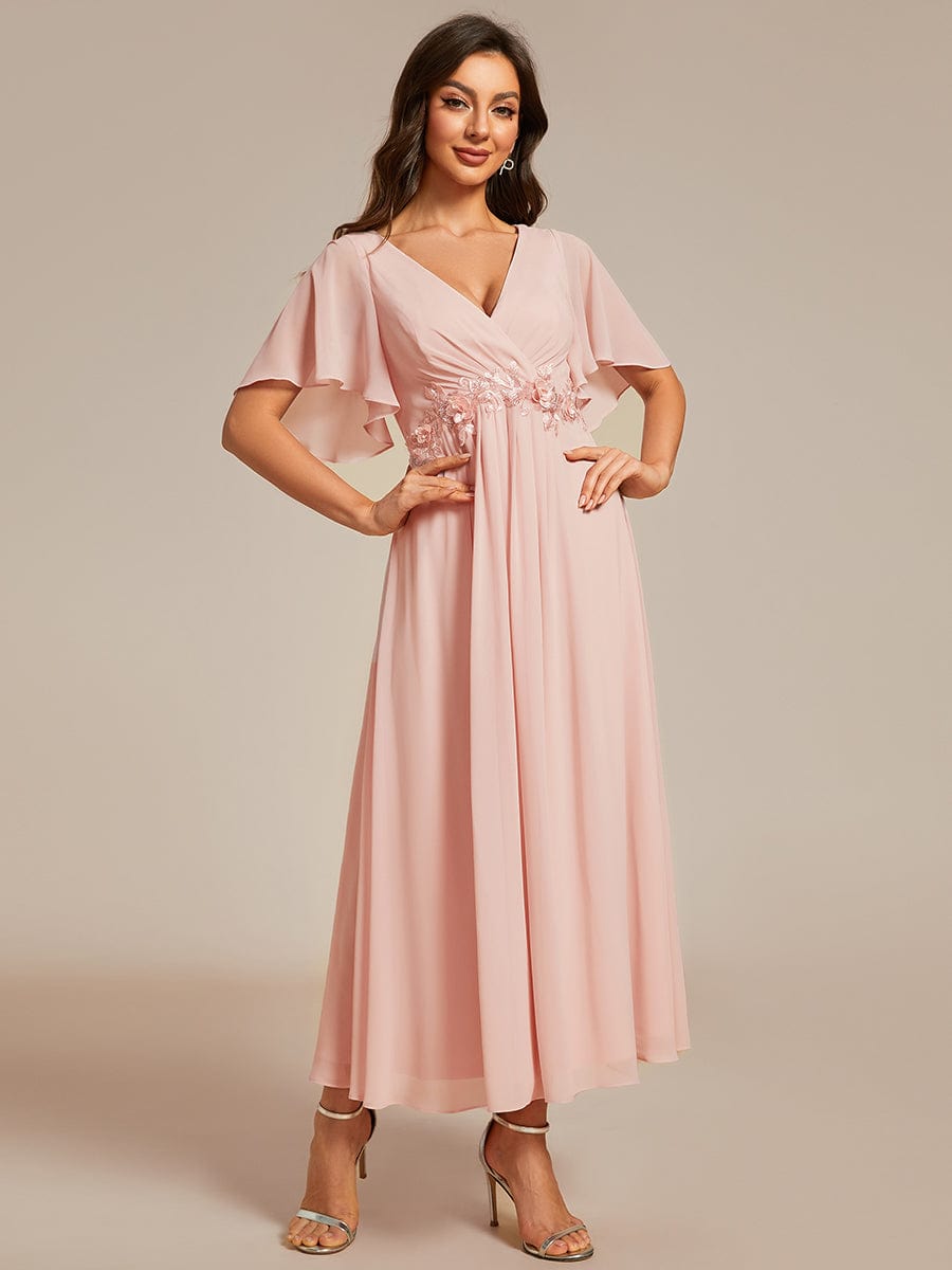 Tea-Length V-Neck Wedding Guest Dress with Floral Details