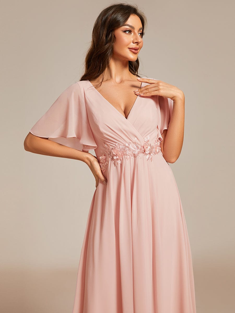 Tea-Length V-Neck Wedding Guest Dress with Floral Details