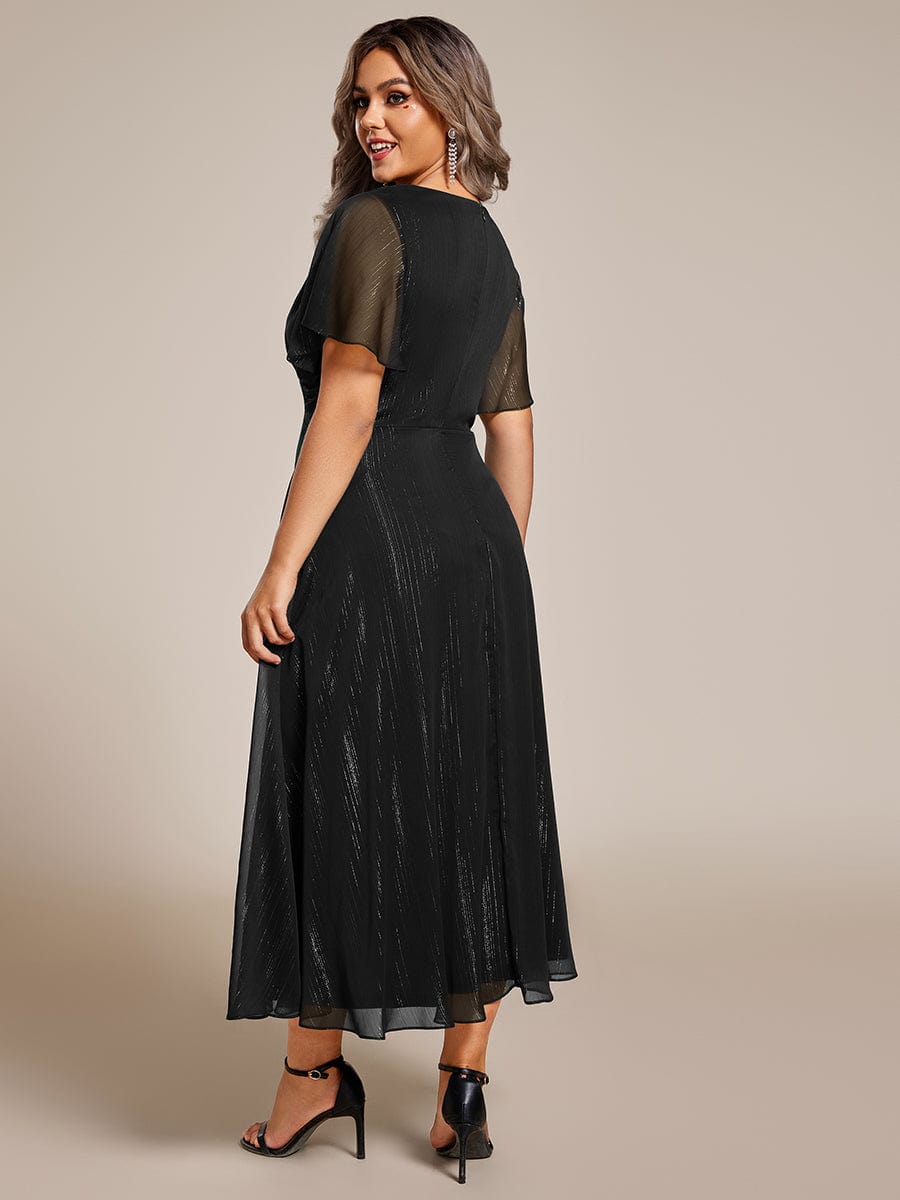 Silver Crinkle Fabric V-Neck A-Line Wedding Guest Dress with Ruffled Hem
