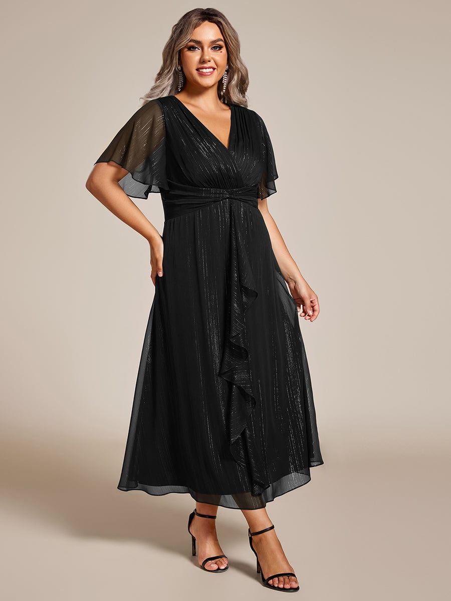 Silver Crinkle Fabric V-Neck A-Line Wedding Guest Dress with Ruffled Hem
