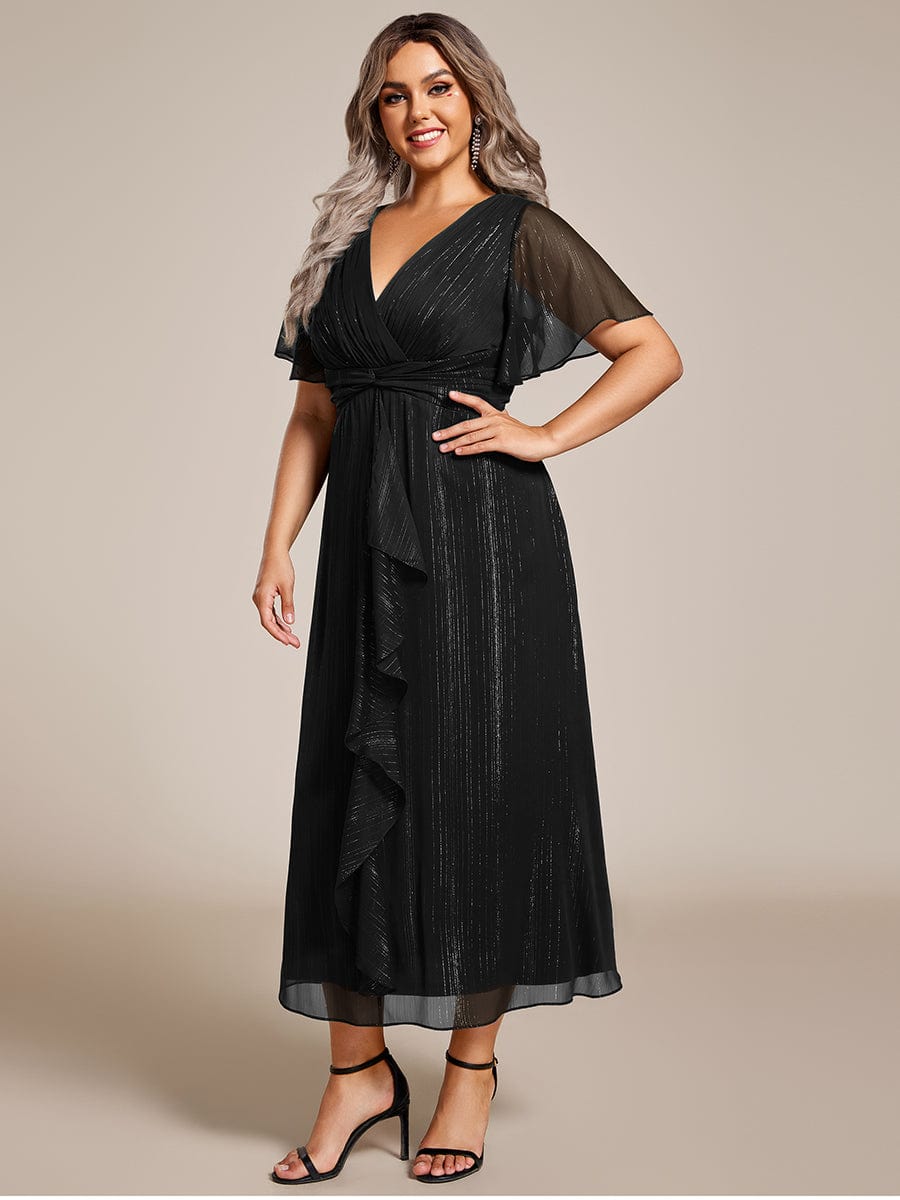 Silver Crinkle Fabric V-Neck A-Line Wedding Guest Dress with Ruffled Hem