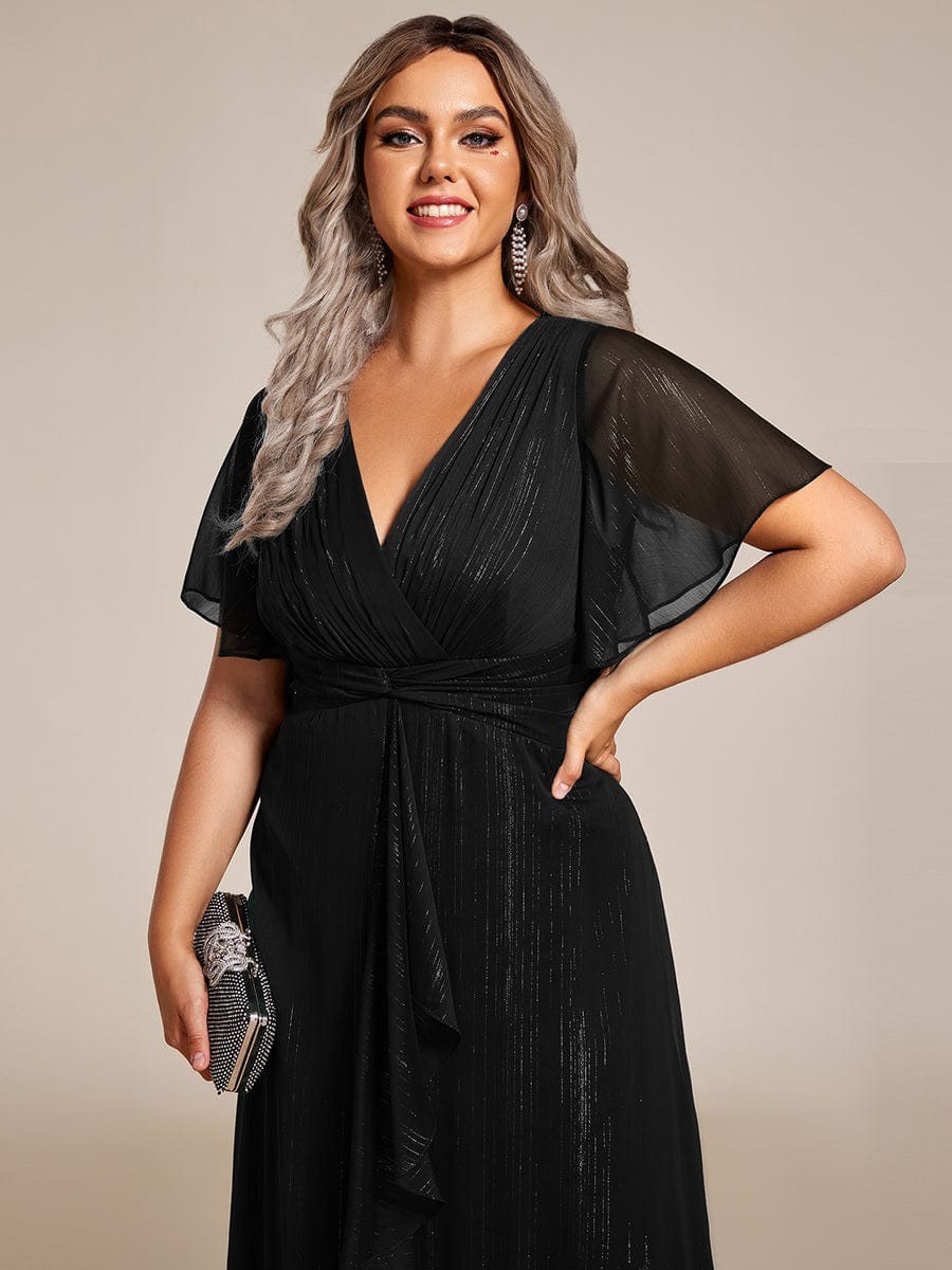 Shimmering Silver V-Neck A-Line Wedding Guest Dress with Ruffled Hem