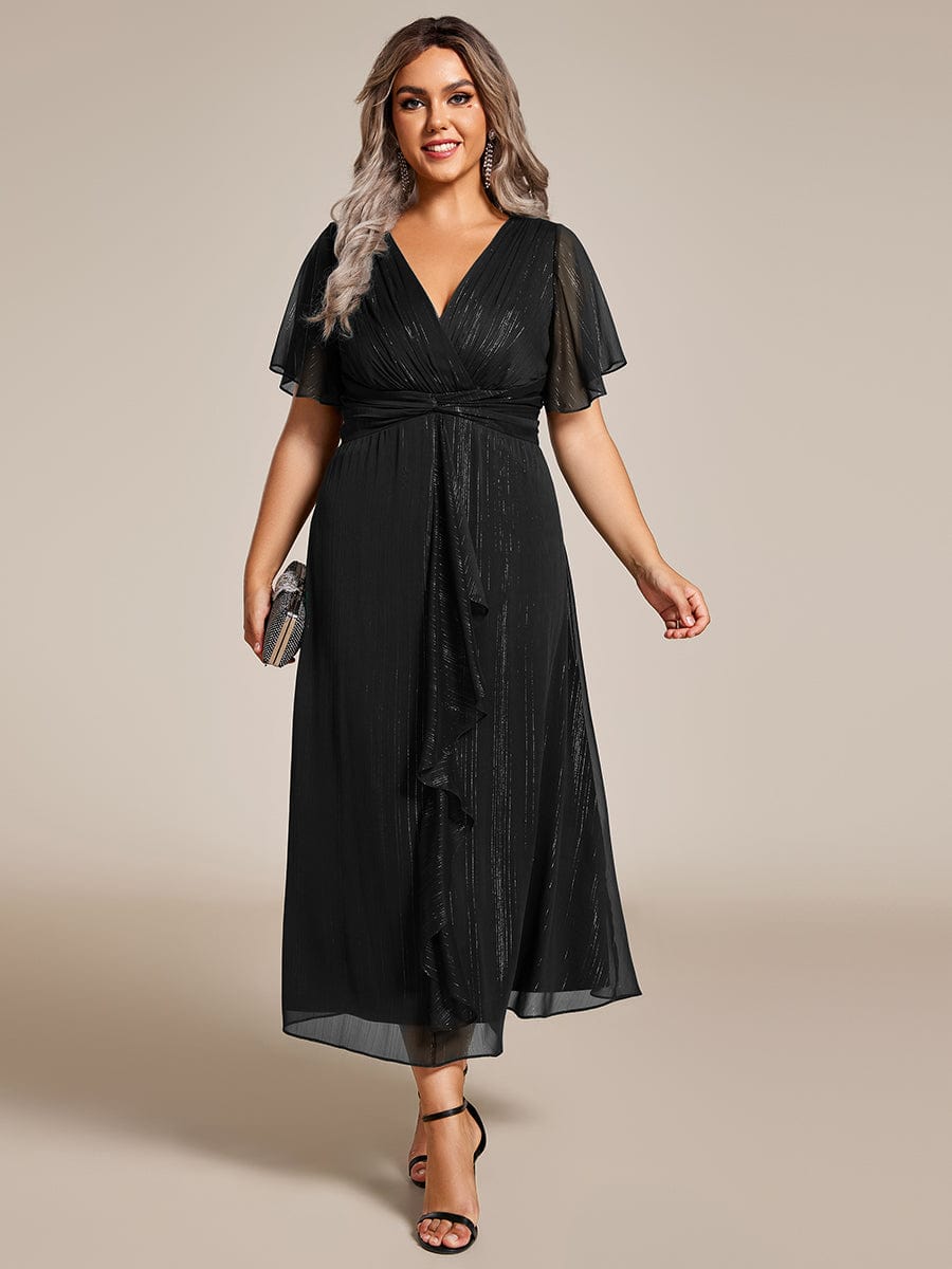 Silver Crinkle Fabric V-Neck A-Line Wedding Guest Dress with Ruffled Hem