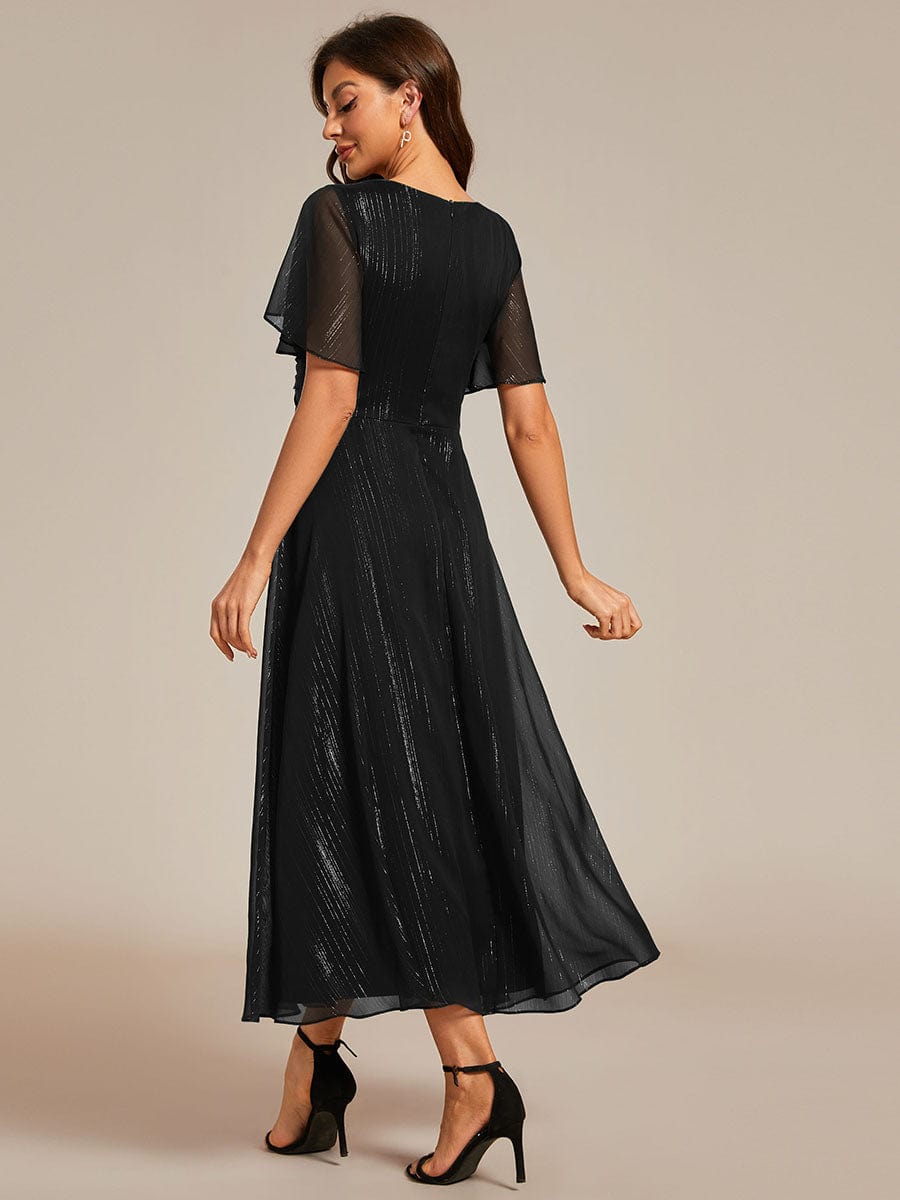 Shimmering Silver V-Neck A-Line Wedding Guest Dress with Ruffled Hem