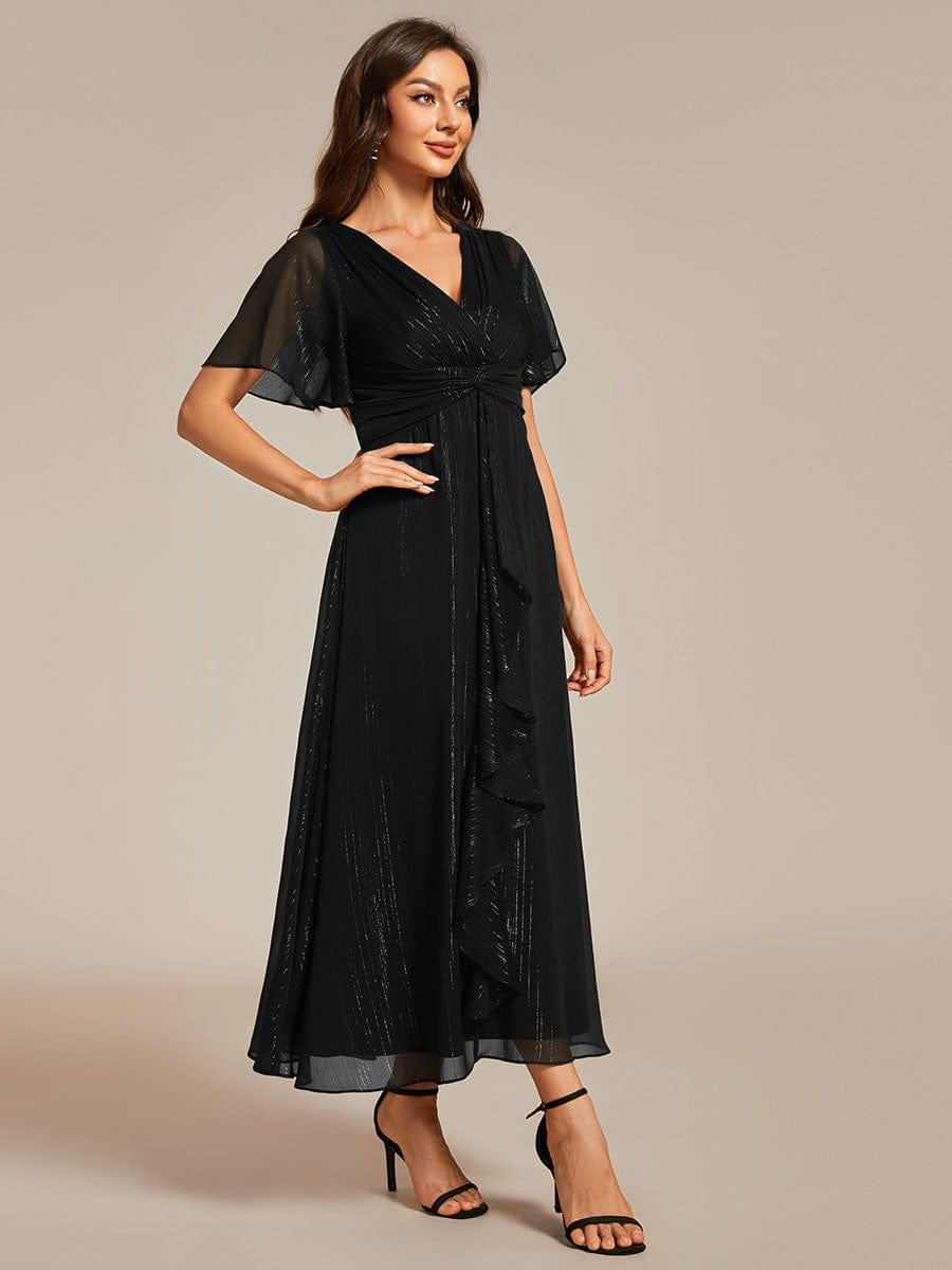 Shimmering Silver V-Neck A-Line Wedding Guest Dress with Ruffled Hem