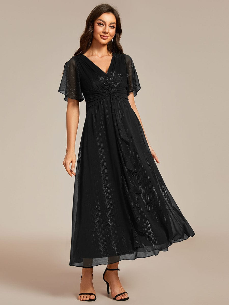 Shimmering Silver V-Neck A-Line Wedding Guest Dress with Ruffled Hem