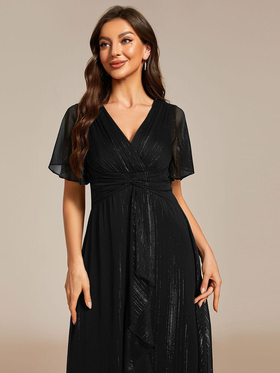 Shimmering Silver V-Neck A-Line Wedding Guest Dress with Ruffled Hem