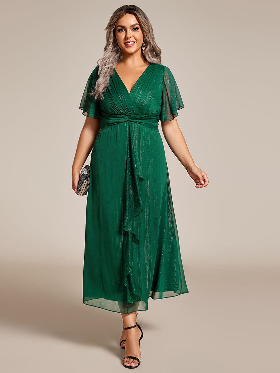 Silver Crinkle Fabric V-Neck A-Line Wedding Guest Dress with Ruffled Hem