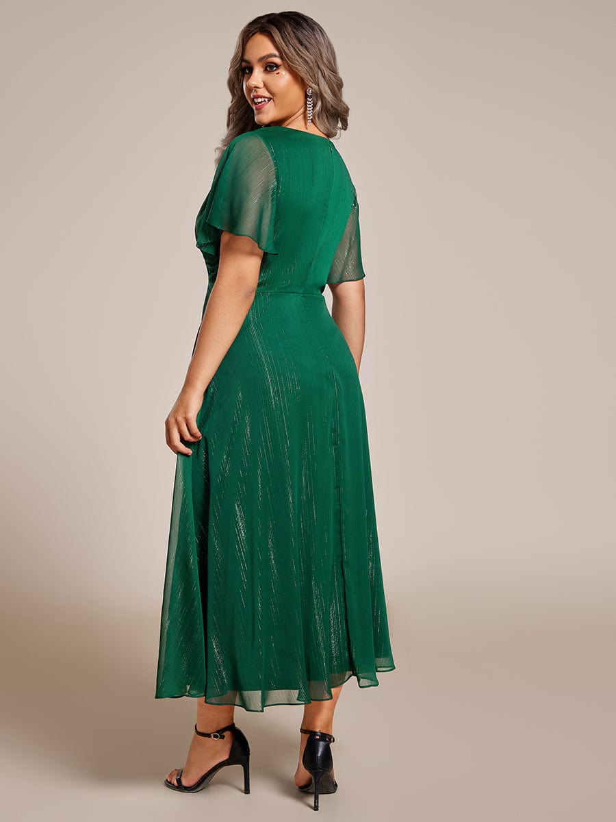 Shimmering Silver V-Neck A-Line Wedding Guest Dress with Ruffled Hem