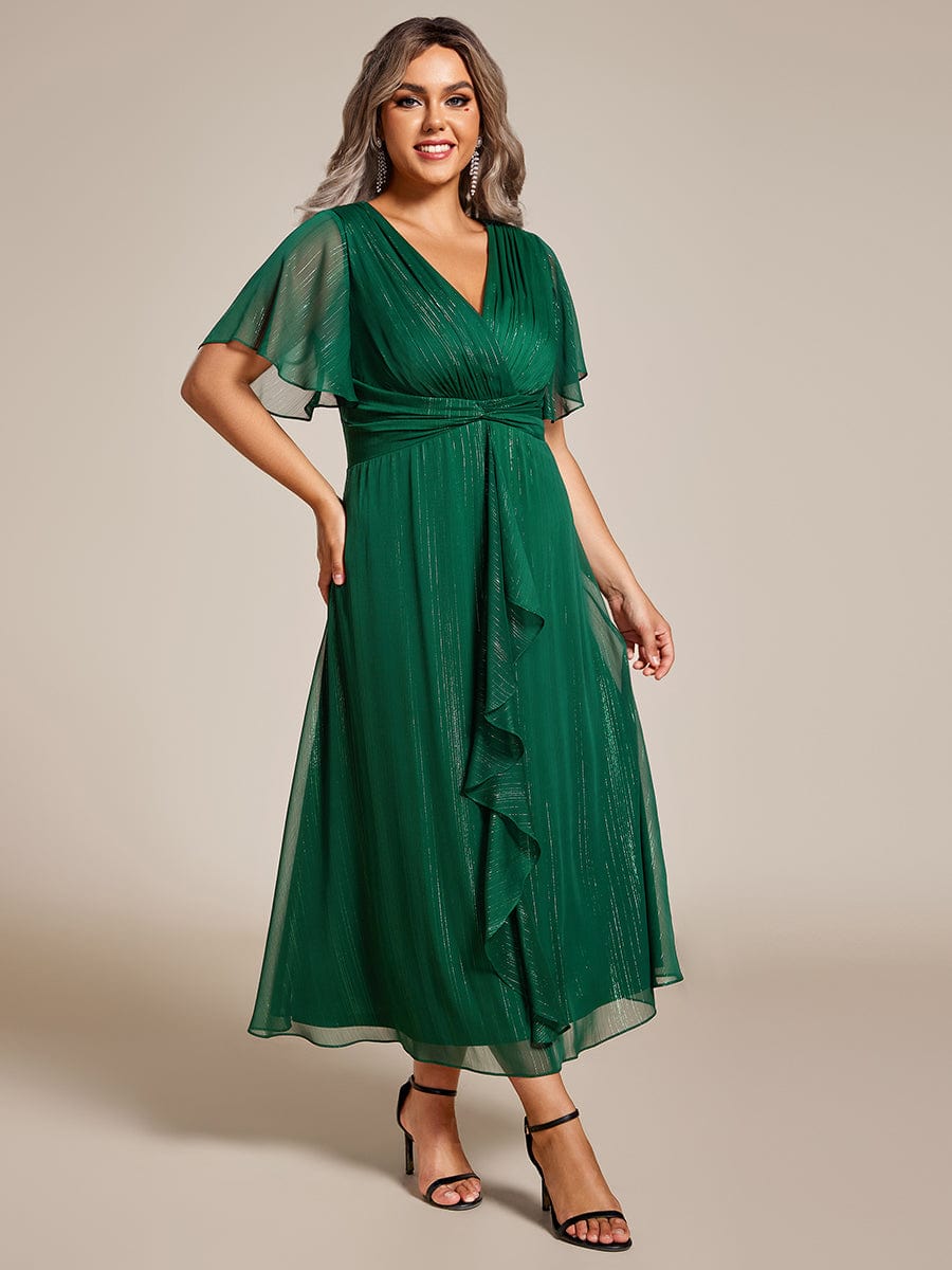Silver Crinkle Fabric V-Neck A-Line Wedding Guest Dress with Ruffled Hem