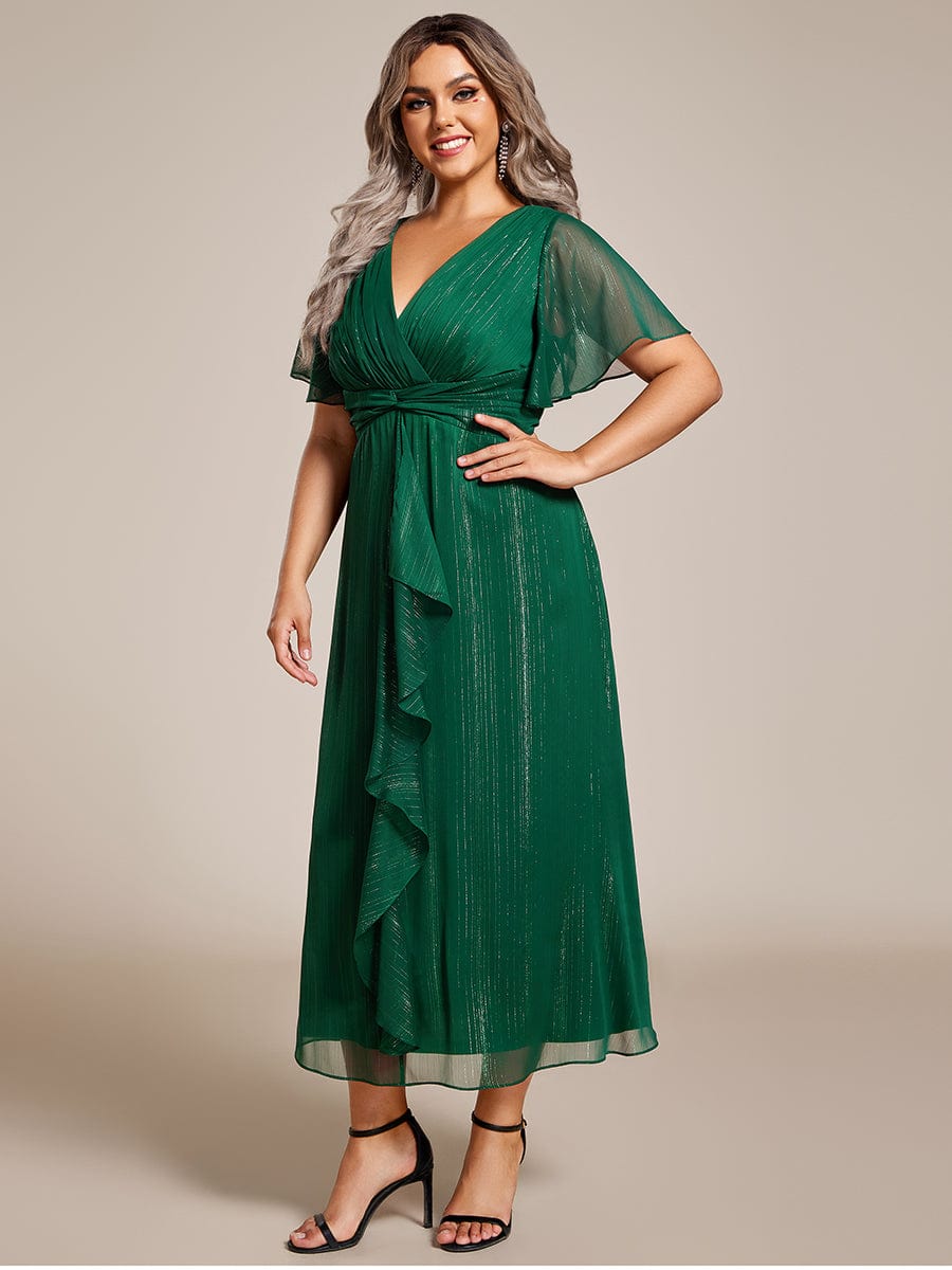 Shimmering Silver V-Neck A-Line Wedding Guest Dress with Ruffled Hem