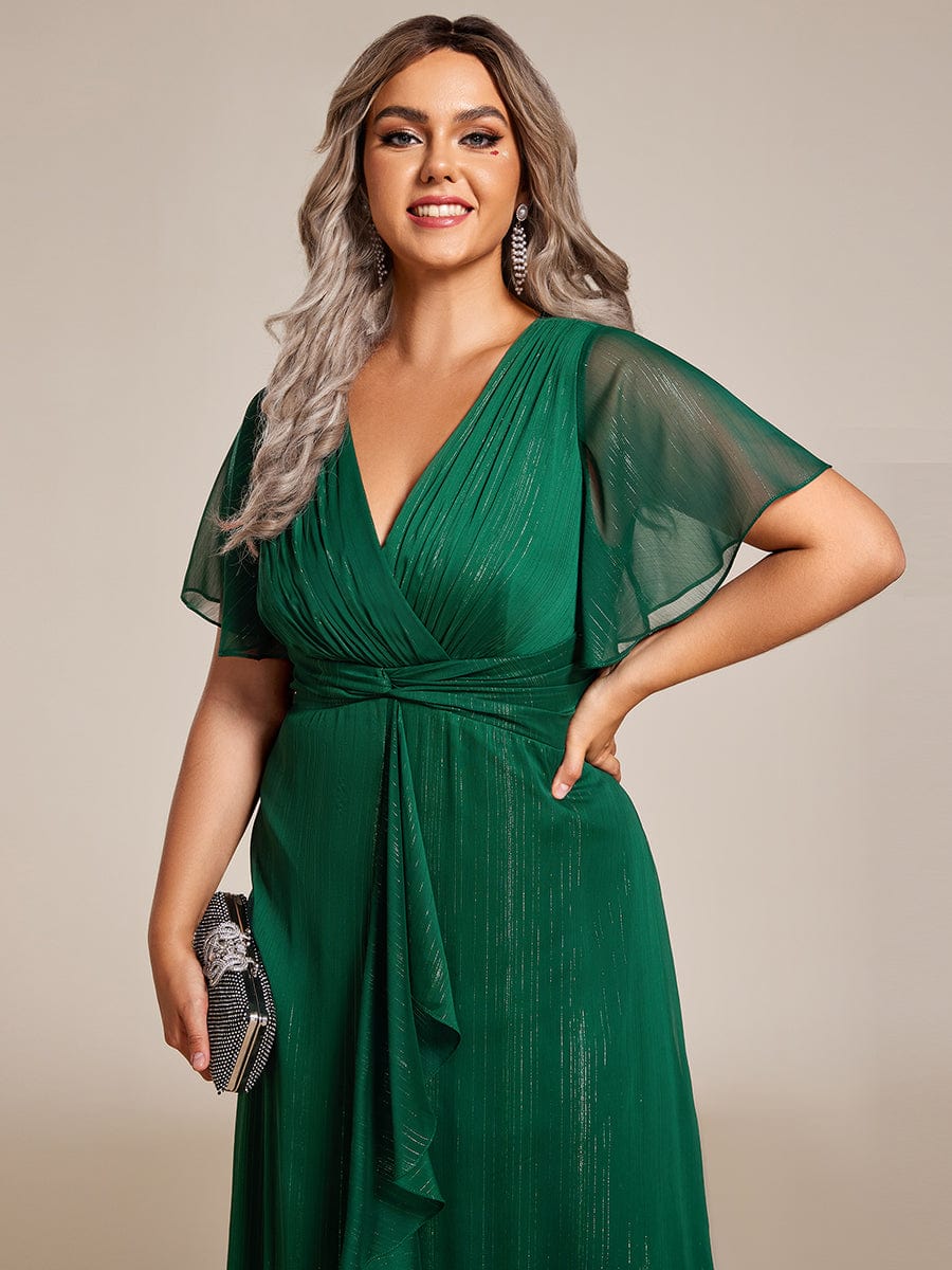 Shimmering Silver V-Neck A-Line Wedding Guest Dress with Ruffled Hem