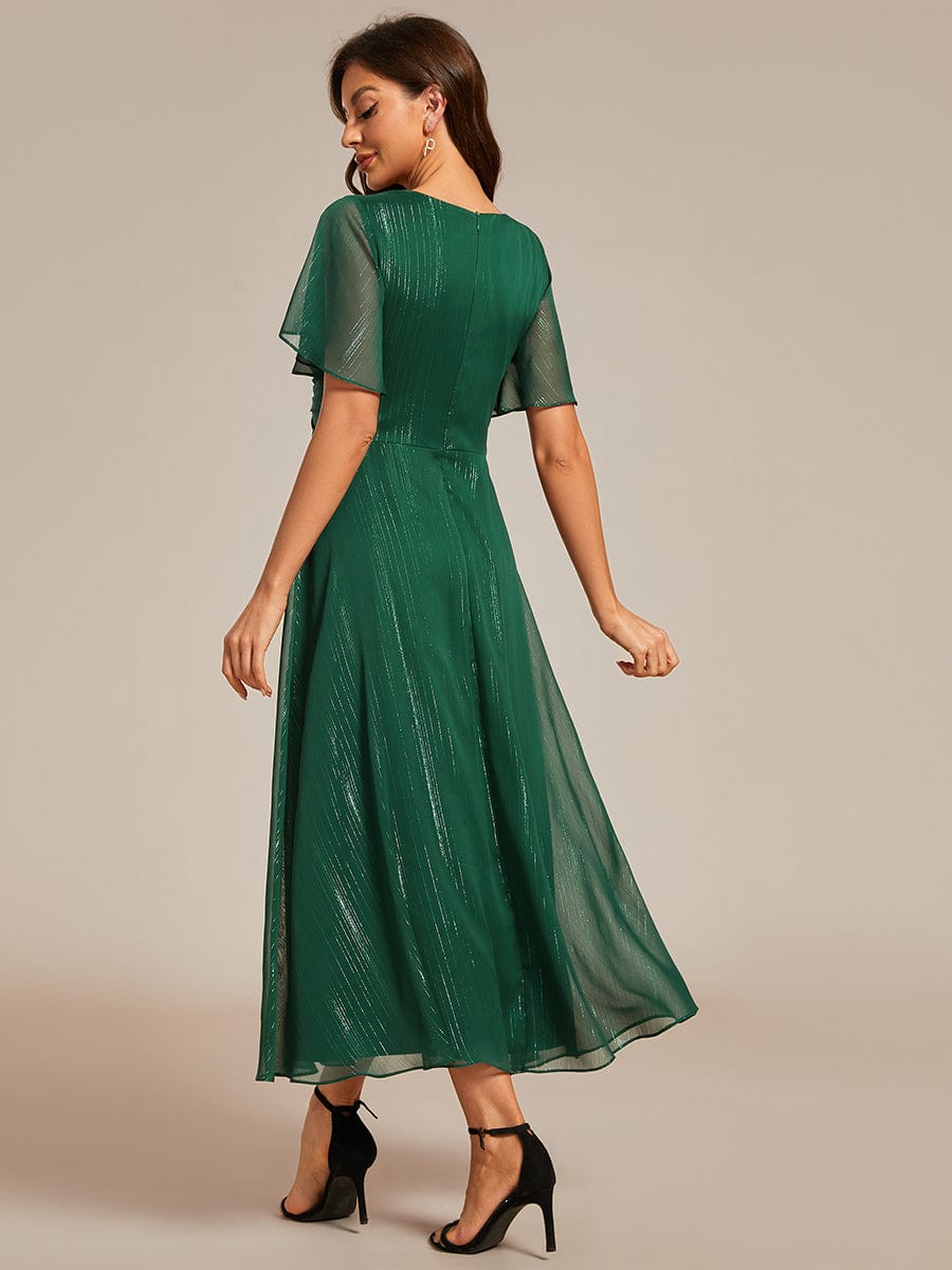 Shimmering Silver V-Neck A-Line Wedding Guest Dress with Ruffled Hem