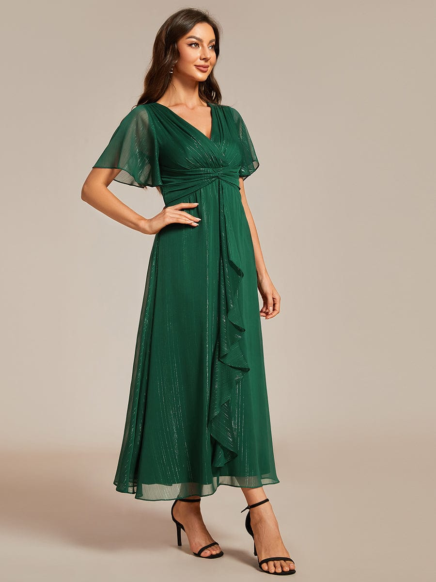 Shimmering Silver V-Neck A-Line Wedding Guest Dress with Ruffled Hem