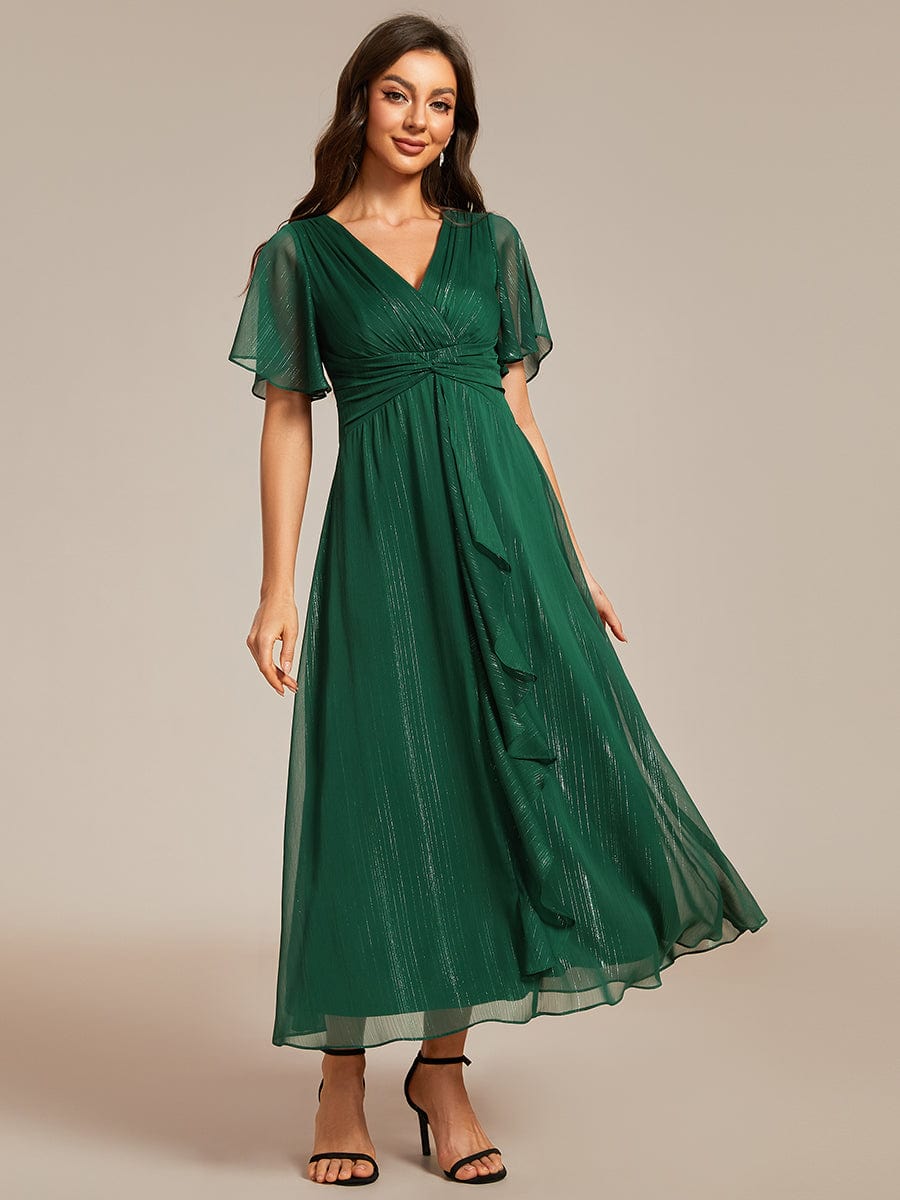 Shimmering Silver V-Neck A-Line Wedding Guest Dress with Ruffled Hem