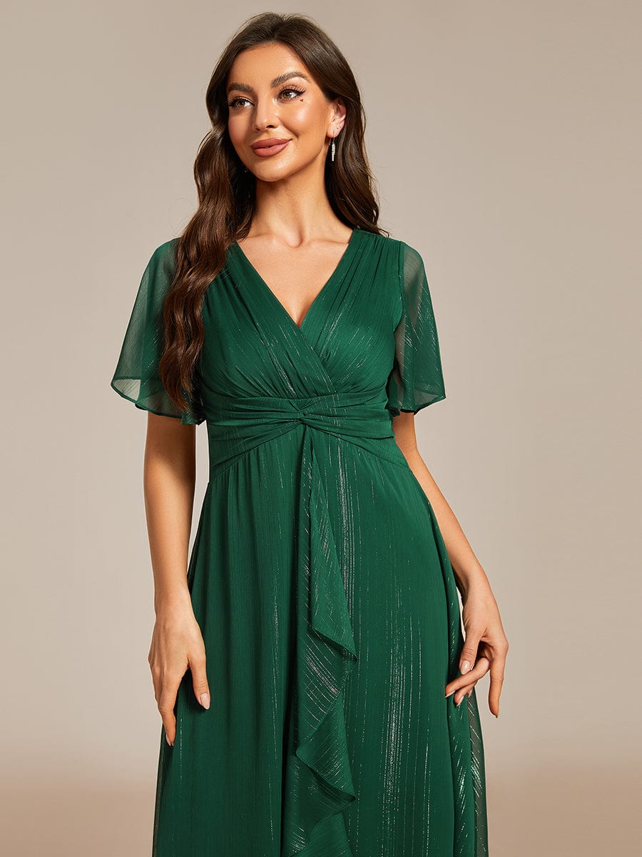 Shimmering Silver V-Neck A-Line Wedding Guest Dress with Ruffled Hem