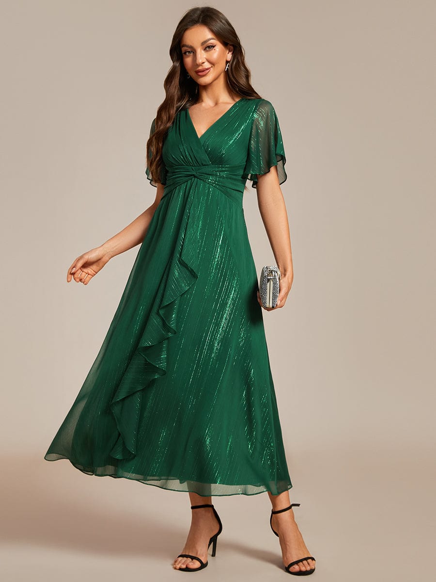 Shimmering Silver V-Neck A-Line Wedding Guest Dress with Ruffled Hem