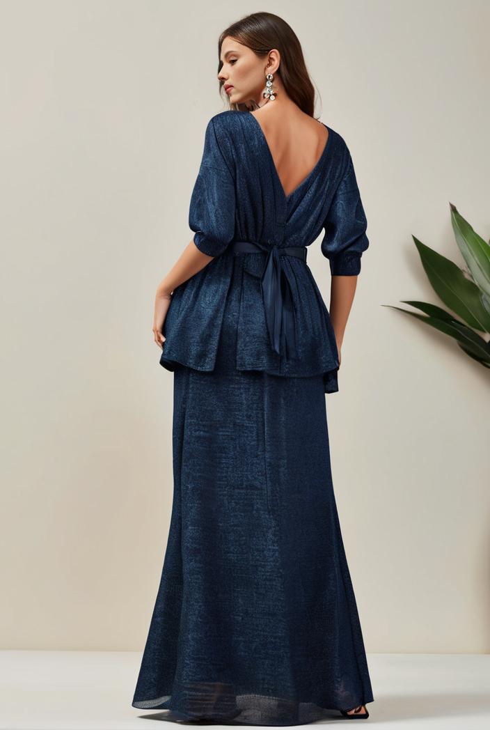 3 4 sleeve bodycon plunging back sequin evening dress 100028