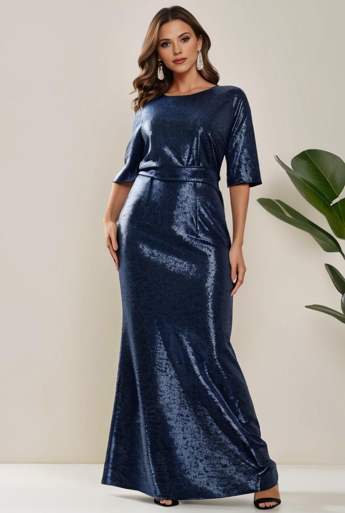 3 4 sleeve bodycon plunging back sequin evening dress 141070