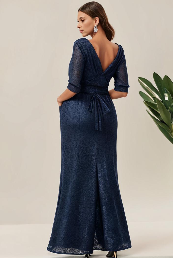 3 4 sleeve bodycon plunging back sequin evening dress 141087