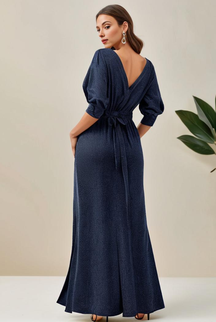 3 4 sleeve bodycon plunging back sequin evening dress 141088