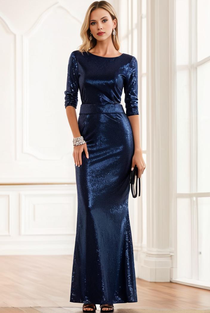 3 4 sleeve bodycon plunging back sequin evening dress 141103