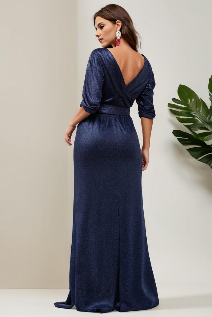 3 4 sleeve bodycon plunging back sequin evening dress 134981